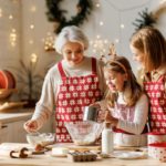 elderly woman, adult woman, and young girl baking together