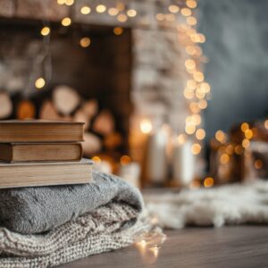 Vintage books rest on folded knitted blankets near a glowing fireplace. Cozy holiday ambiance with warm bokeh and rustic textures.