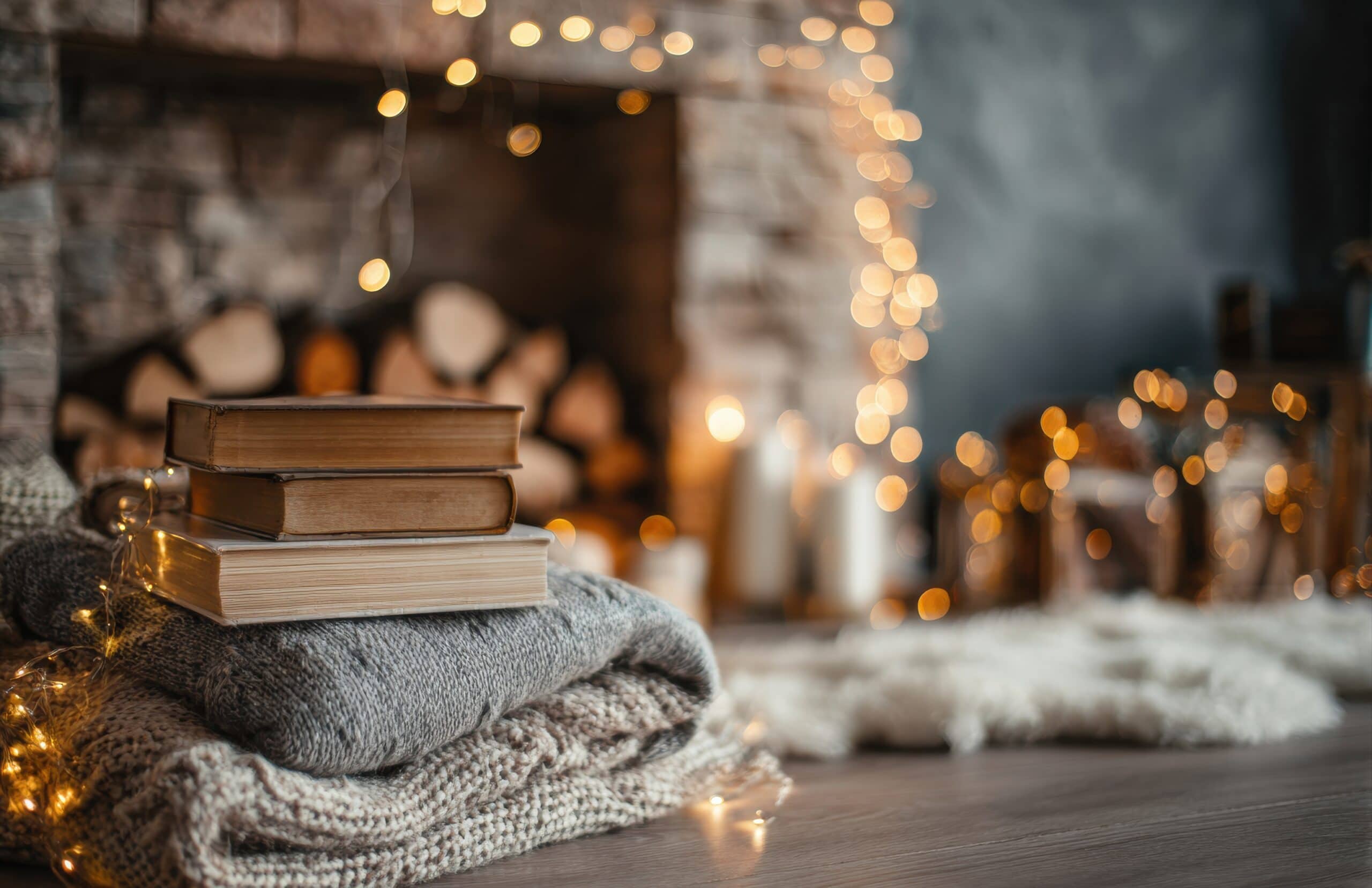 Vintage books rest on folded knitted blankets near a glowing fireplace. Cozy holiday ambiance with warm bokeh and rustic textures.