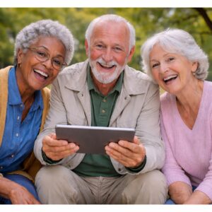 three seniors looking at AI