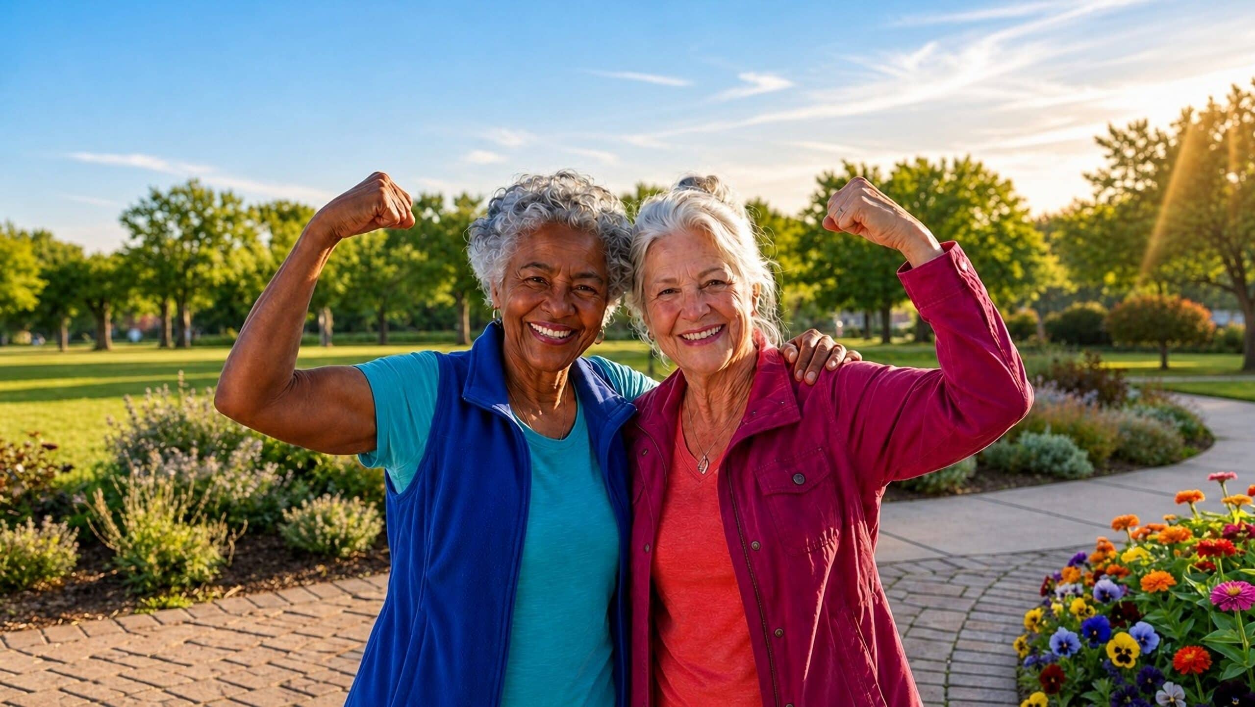 Two,Elderly,Women,Diverse,Friends,Portrait,Strong,Happy,Healthy,Outdoors