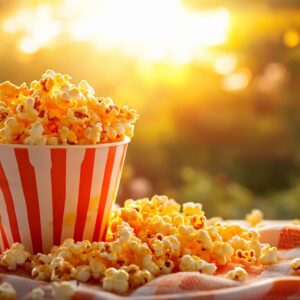 Buttery popcorn outdoors, sunset backdrop