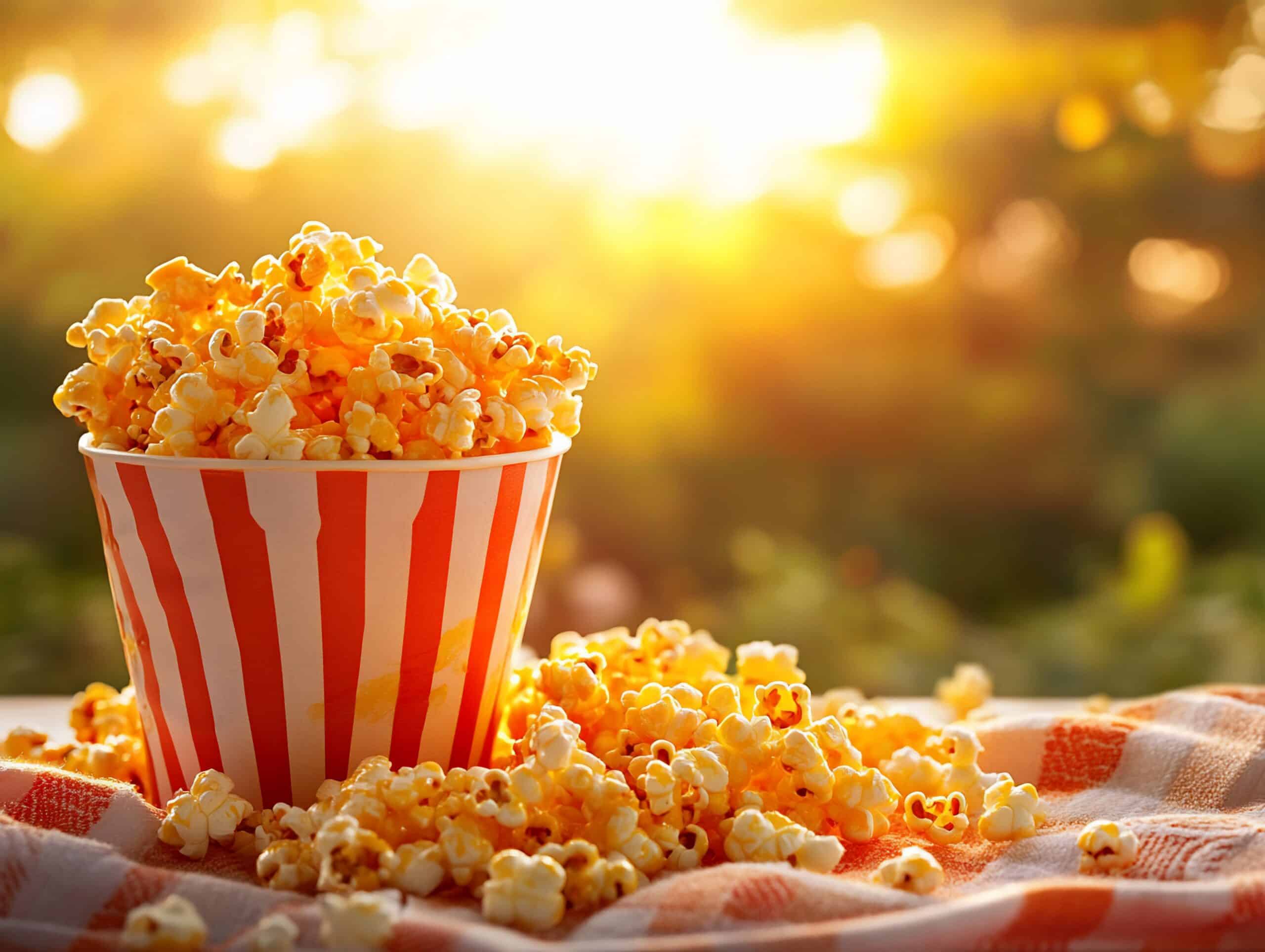 Buttery popcorn outdoors, sunset backdrop
